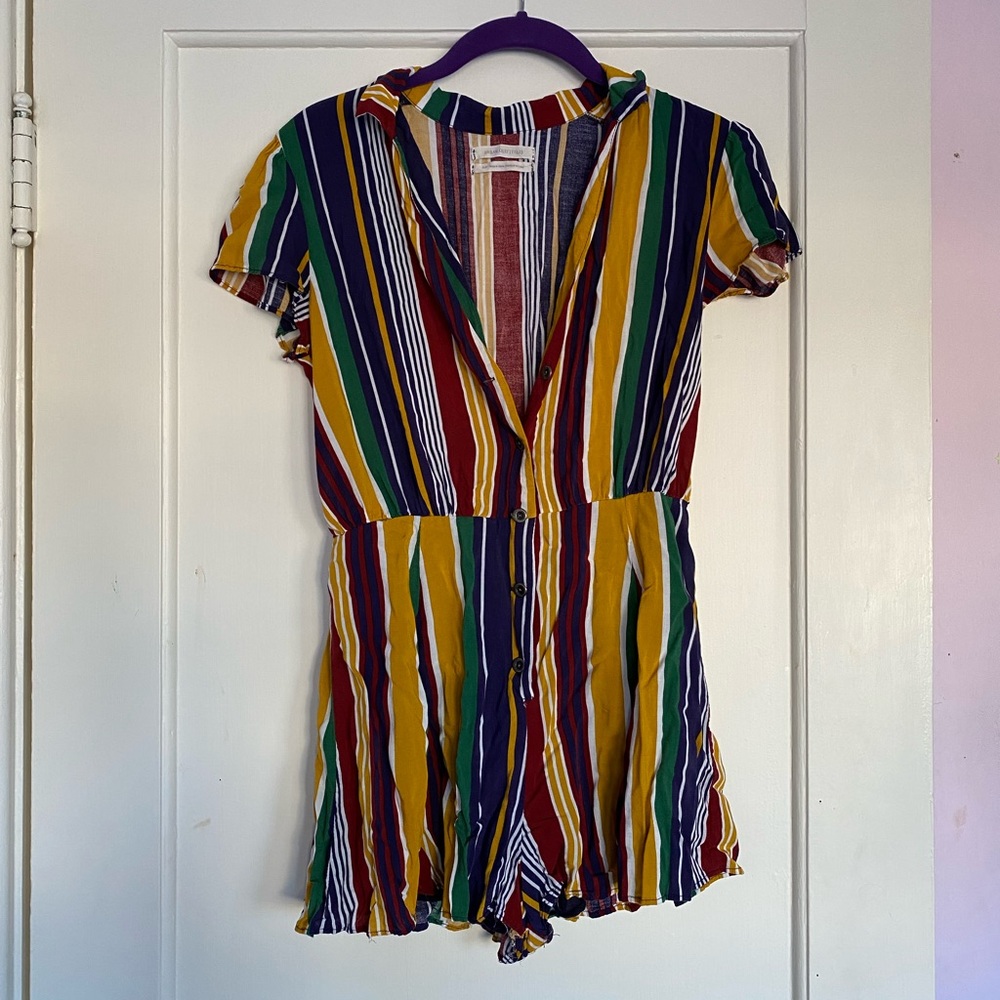 multi-colored striped short-sleeve romper from Urban Outfitters